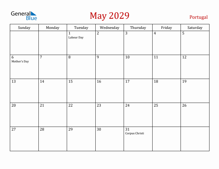Portugal May 2029 Calendar - Sunday Start