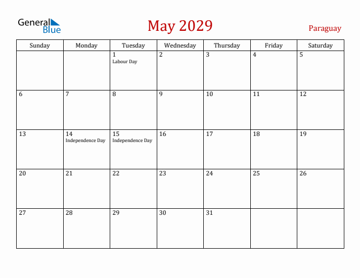 Paraguay May 2029 Calendar - Sunday Start