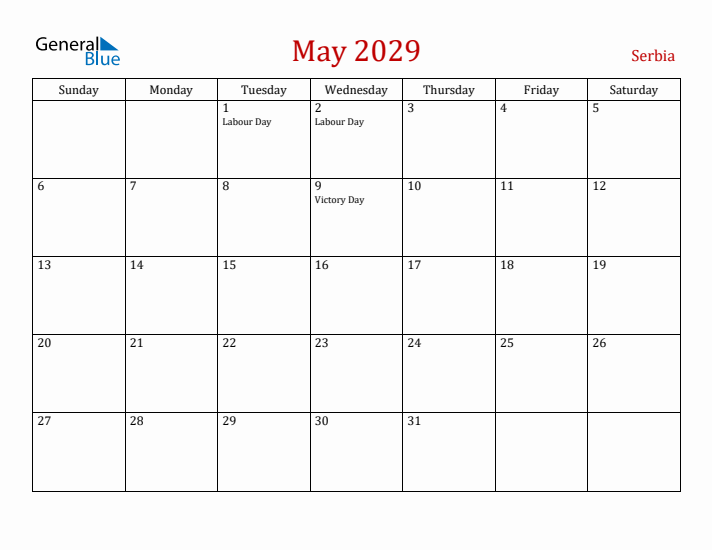 Serbia May 2029 Calendar - Sunday Start