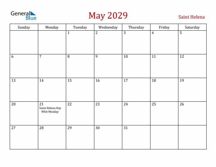 Saint Helena May 2029 Calendar - Sunday Start