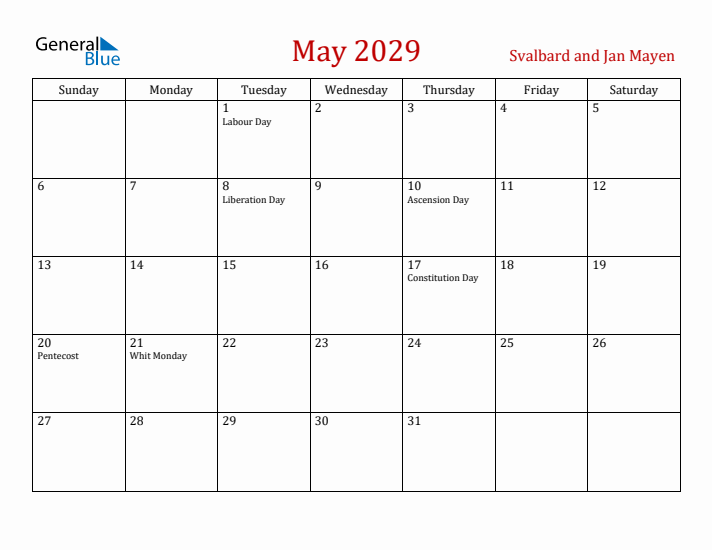 Svalbard and Jan Mayen May 2029 Calendar - Sunday Start