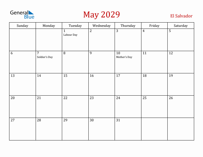 El Salvador May 2029 Calendar - Sunday Start