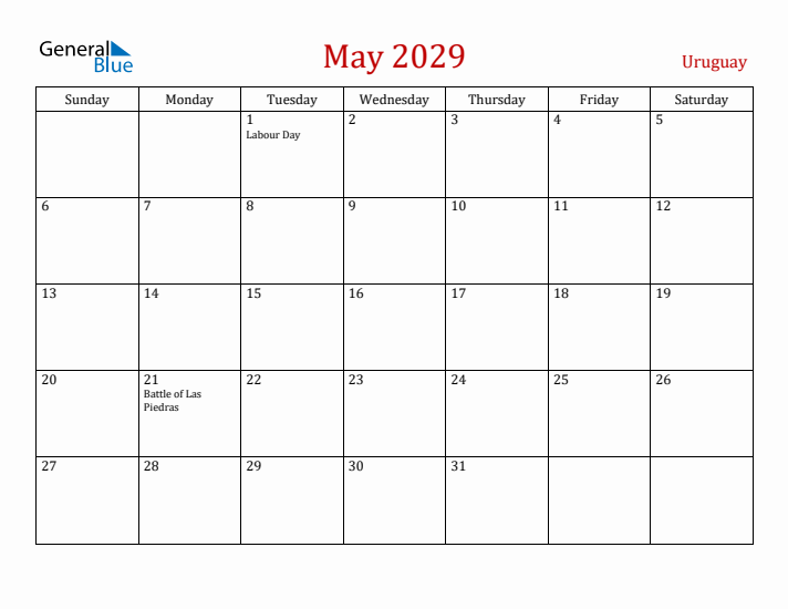 Uruguay May 2029 Calendar - Sunday Start