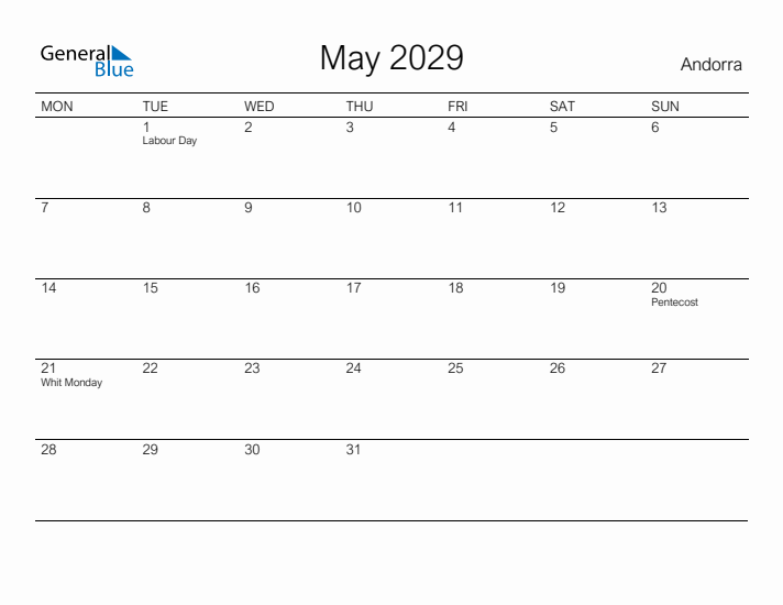 Printable May 2029 Calendar for Andorra