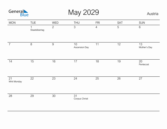 Printable May 2029 Calendar for Austria