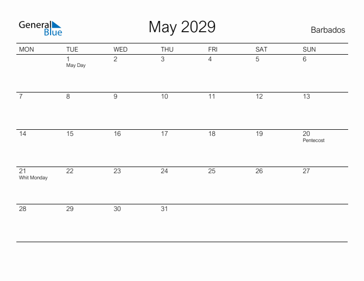 Printable May 2029 Calendar for Barbados