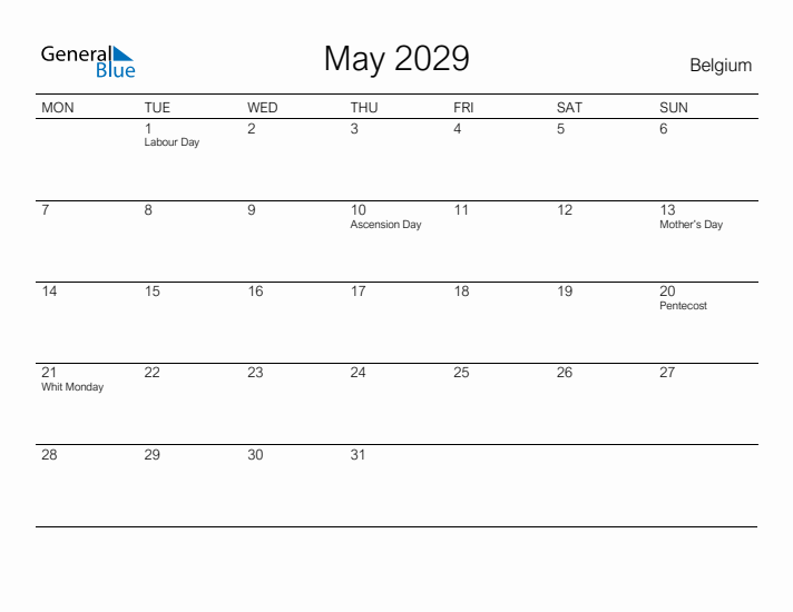 Printable May 2029 Calendar for Belgium