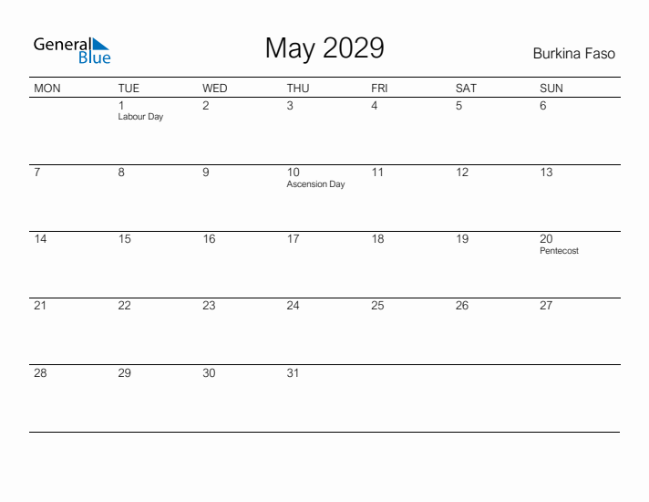Printable May 2029 Calendar for Burkina Faso