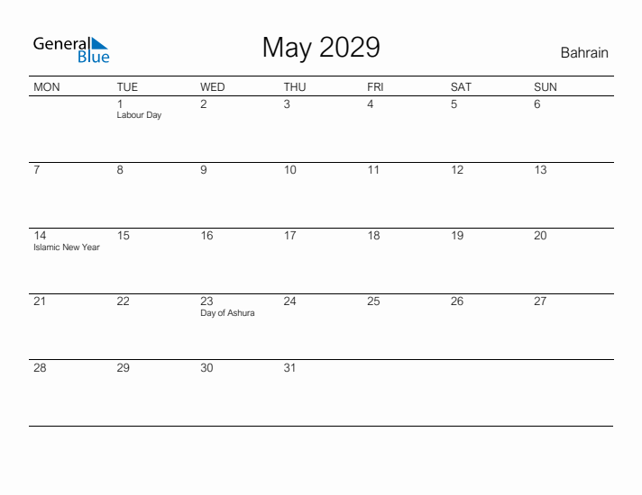 Printable May 2029 Calendar for Bahrain