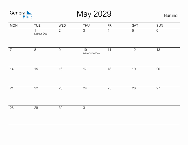 Printable May 2029 Calendar for Burundi