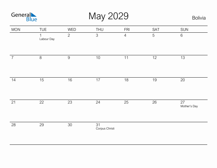 Printable May 2029 Calendar for Bolivia