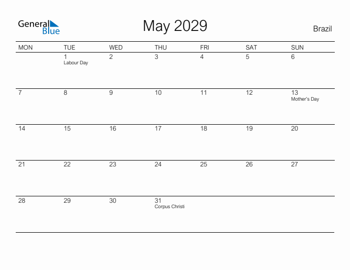 Printable May 2029 Calendar for Brazil