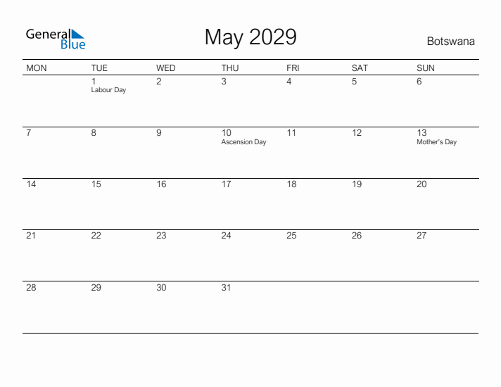 Printable May 2029 Calendar for Botswana
