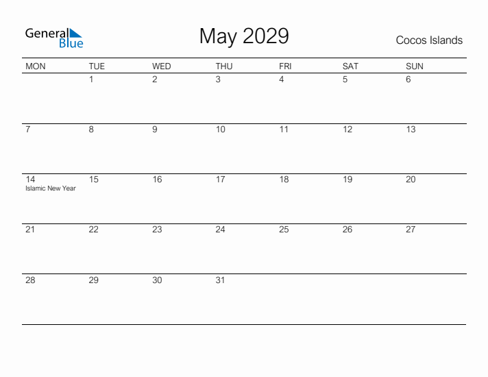 Printable May 2029 Calendar for Cocos Islands