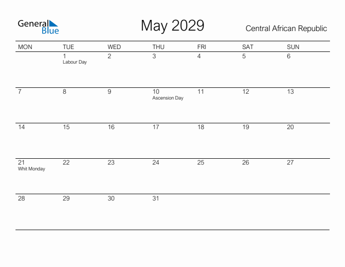 Printable May 2029 Calendar for Central African Republic