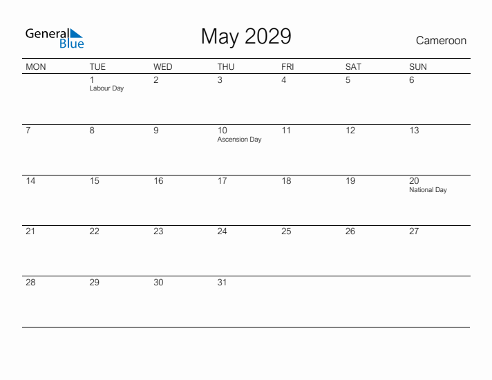 Printable May 2029 Calendar for Cameroon