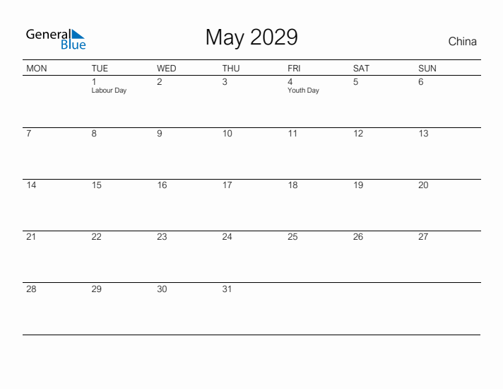 Printable May 2029 Calendar for China