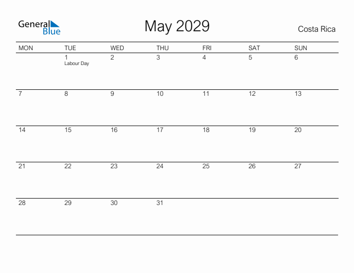 Printable May 2029 Calendar for Costa Rica