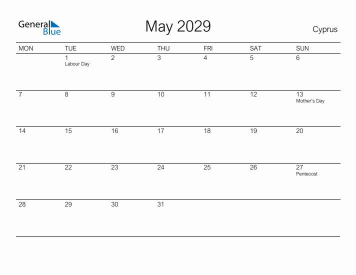 Printable May 2029 Calendar for Cyprus