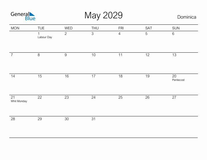 Printable May 2029 Calendar for Dominica