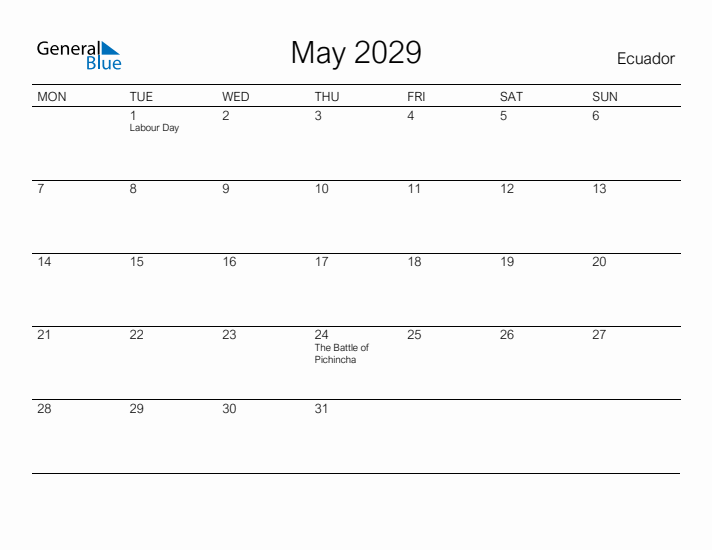 Printable May 2029 Calendar for Ecuador