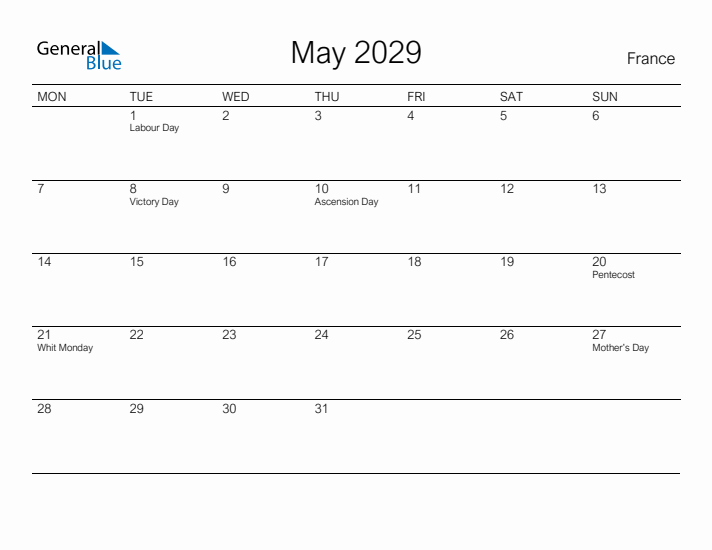 Printable May 2029 Calendar for France