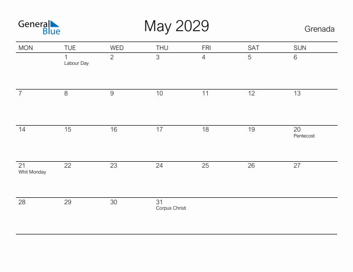 Printable May 2029 Calendar for Grenada