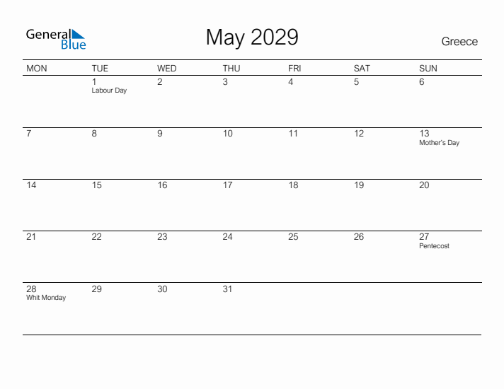 Printable May 2029 Calendar for Greece