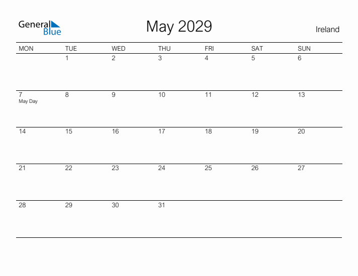Printable May 2029 Calendar for Ireland