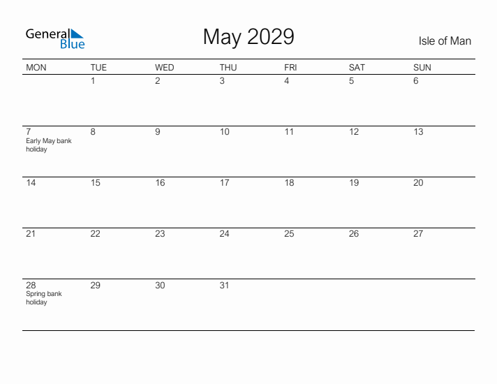 Printable May 2029 Calendar for Isle of Man