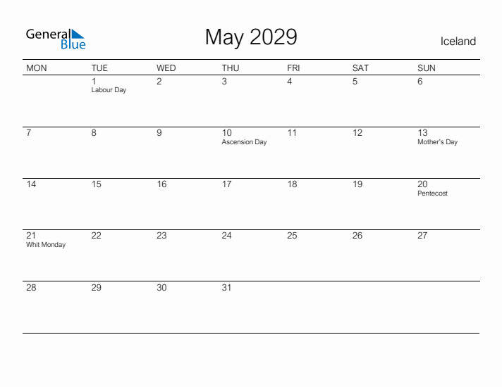 Printable May 2029 Calendar for Iceland