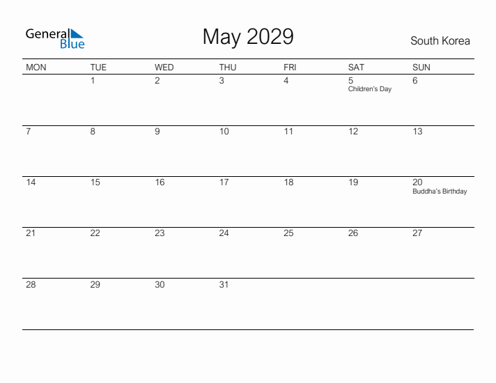 Printable May 2029 Calendar for South Korea