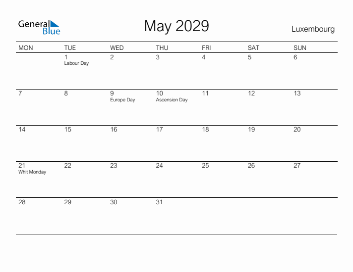 Printable May 2029 Calendar for Luxembourg