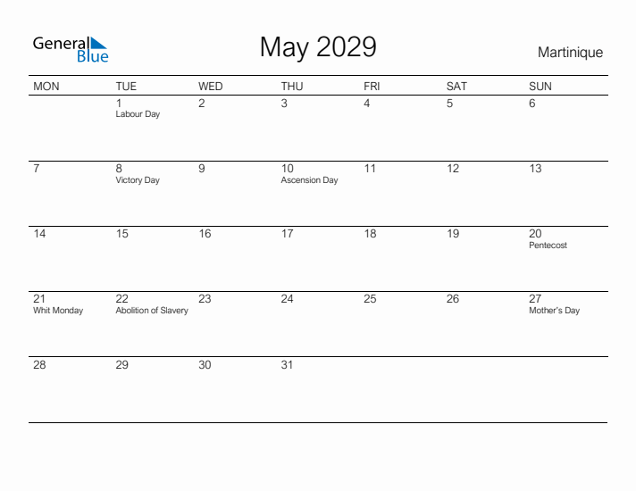 Printable May 2029 Calendar for Martinique