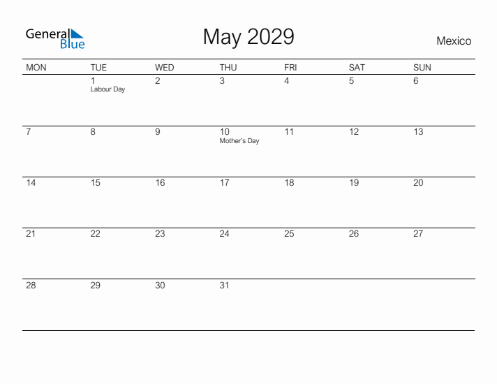 Printable May 2029 Calendar for Mexico
