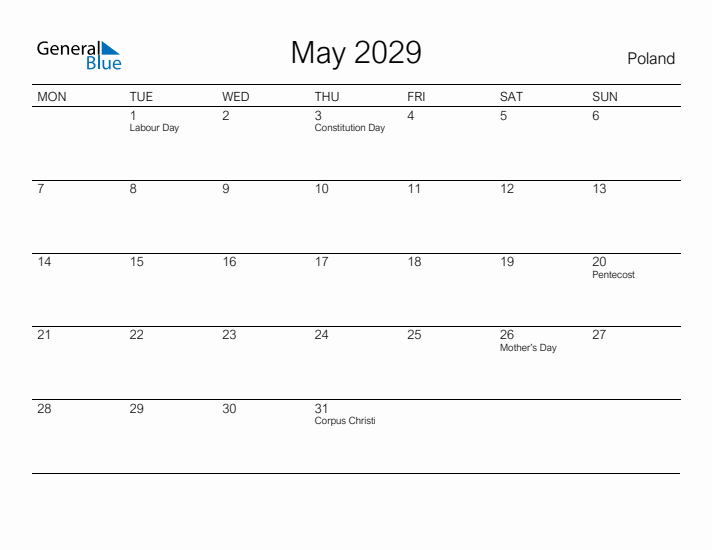 Printable May 2029 Calendar for Poland