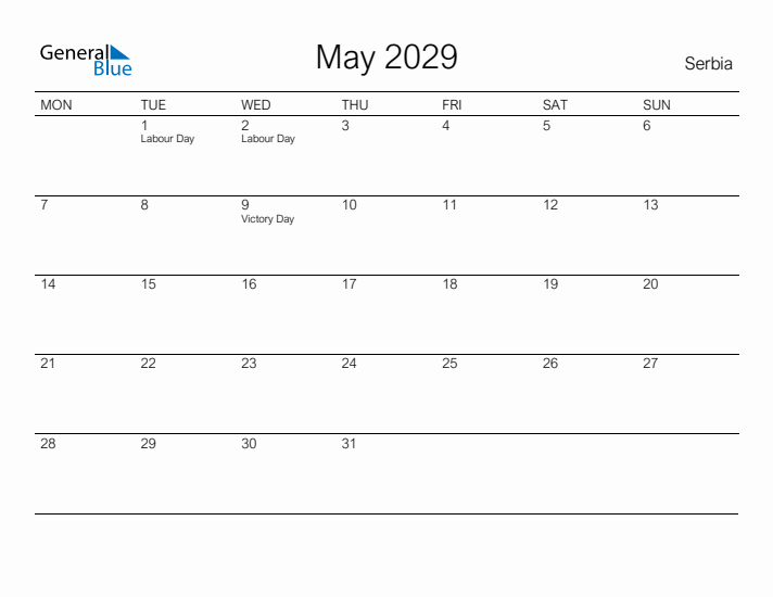 Printable May 2029 Calendar for Serbia