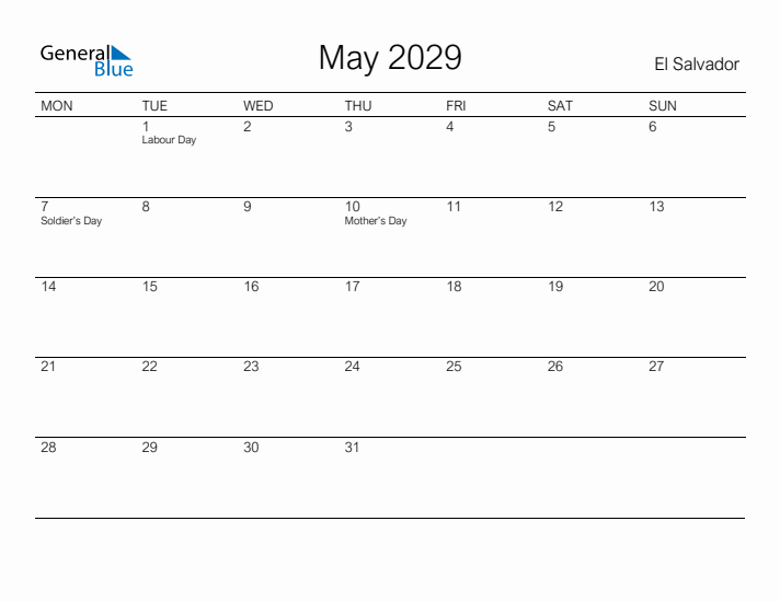 Printable May 2029 Calendar for El Salvador
