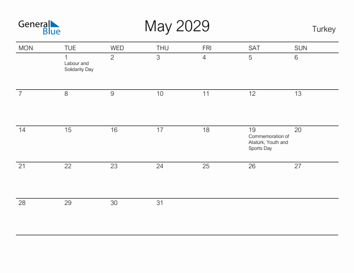 Printable May 2029 Calendar for Turkey