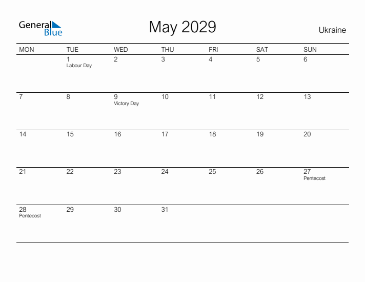 Printable May 2029 Calendar for Ukraine
