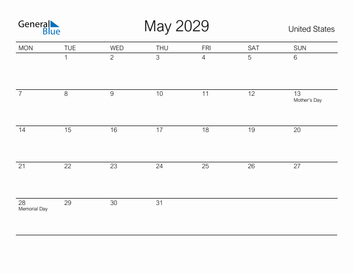 Printable May 2029 Calendar for United States