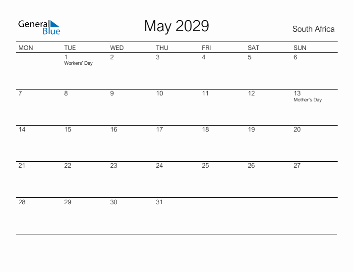 Printable May 2029 Calendar for South Africa