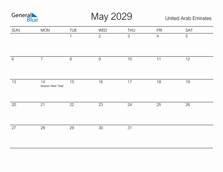 Printable May 2029 Calendar for United Arab Emirates