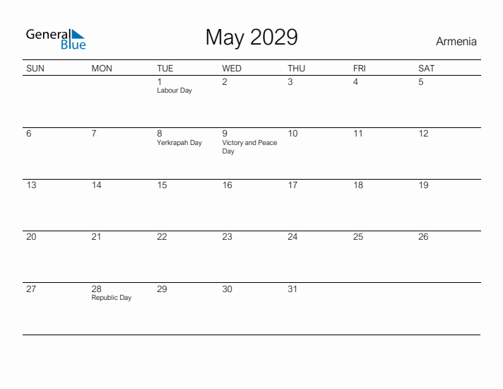 Printable May 2029 Calendar for Armenia