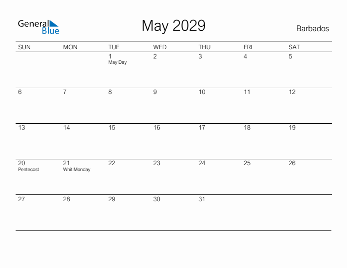 Printable May 2029 Calendar for Barbados