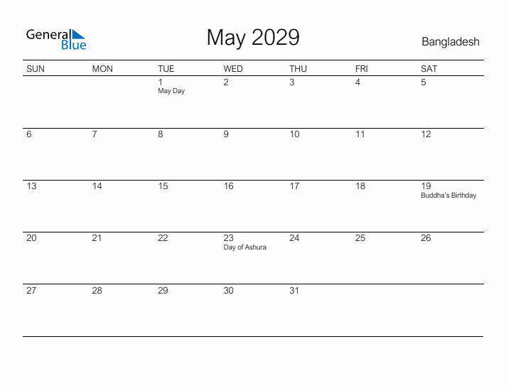 Printable May 2029 Calendar for Bangladesh