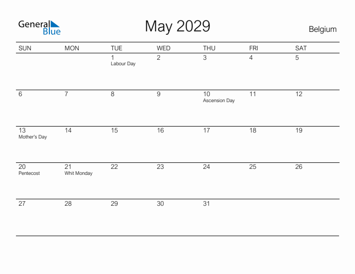 Printable May 2029 Calendar for Belgium