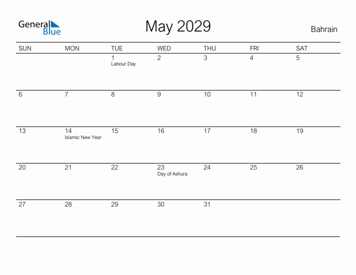 Printable May 2029 Calendar for Bahrain