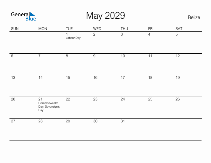 Printable May 2029 Calendar for Belize