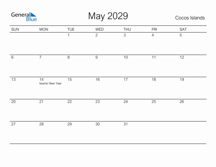 Printable May 2029 Calendar for Cocos Islands